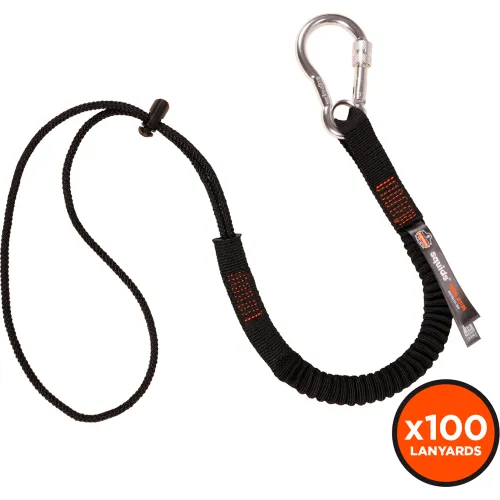 Ergodyne Squids 3105-Tool Lanyard Carabiner & Cinch Loop, 15lbs, Standard, Black, 100 Pack