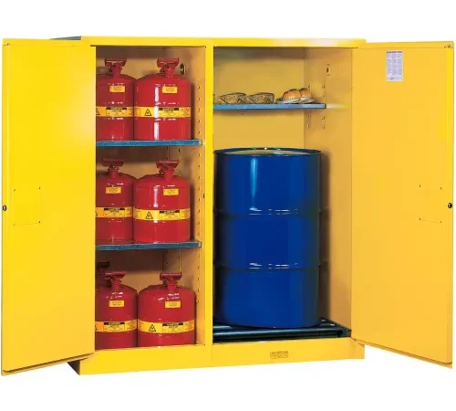 Justrite® Drum Cabinet 115 Gal. Capacity Vertical Manual Close Flammable W/ Drum Rollers