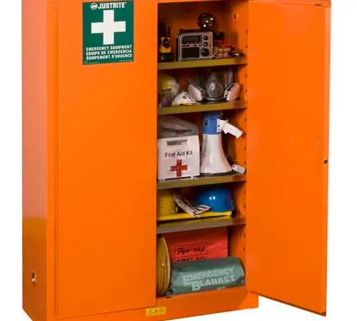 Justrite® Emergency Preparedness Cabinet W/PowerPort, 65"Wx43"Dx18"H, Orange, Assembled