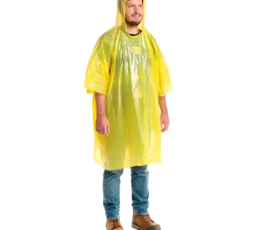 Disposable Rain Poncho, 80" L, One Size, Yellow