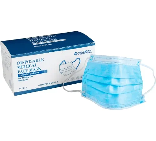 Global Industrial Disposable Medical Face Mask, 3-Ply w/Earloops, ASTM Level 3, Blue, 50/Box