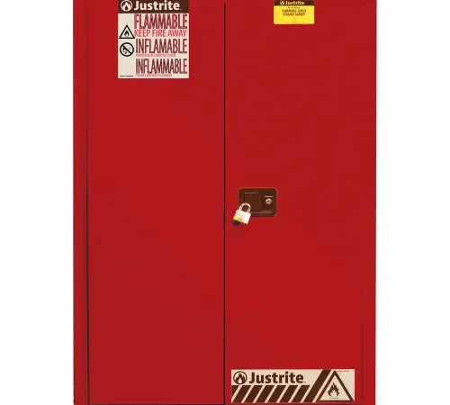 Justrite® Flammable Cabinet, Manual Close Double Door, 45 Gal. Cap., 43"W x 18"D x 65"H, Red