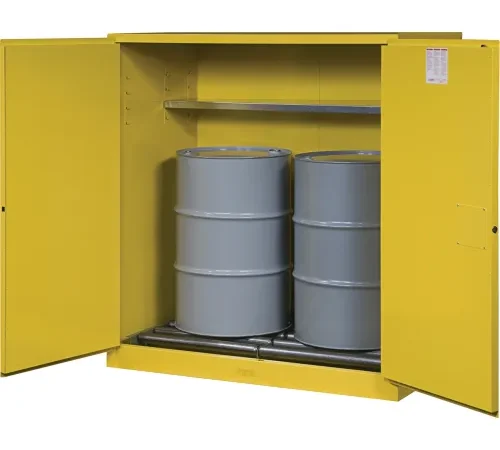 Justrite® Drum Cabinet 110 Gal. Capacity Vertical Self Close Hazmat Flammable W/ Drum Rollers