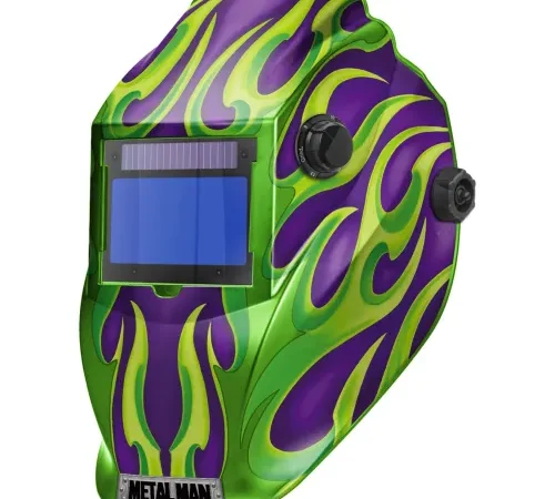 Metal Man® Big Window Auto Darkening Welding Helmet, Variable Shade Control -Purple/Green Flame