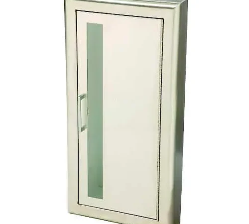 JL Industries SS Fire Extinguisher Cabinet, Vertical Acrylic Window, Semi-Recessed, 3" Rolled Trim