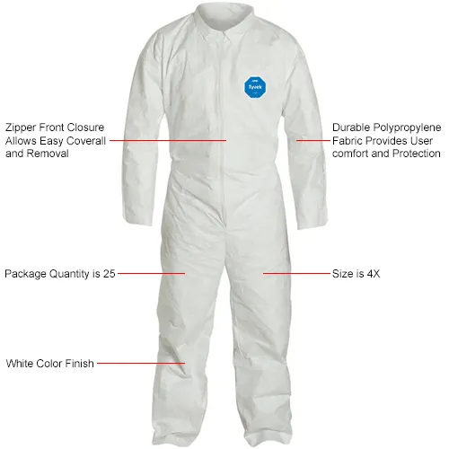 DuPont™ Tyvek® 400, Coverall,Serged Seams, Open Wrist & Ankles, White, 4X, 25/Qty - Image 3