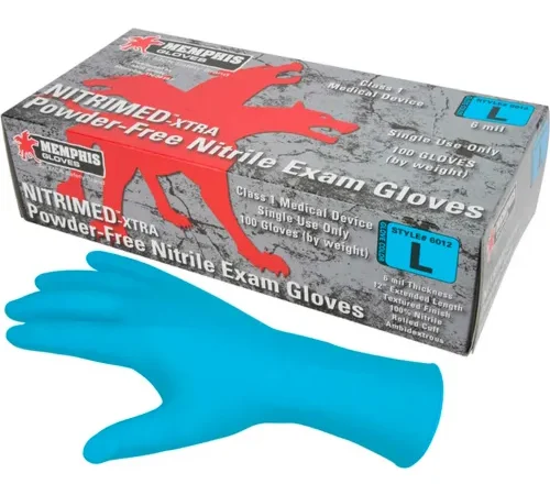 MCR Safety 6012 Nitri-Med Nitrile Medical/Exam Textured Gloves, Powder-Free, Blue, 12"L, L, 100/Box