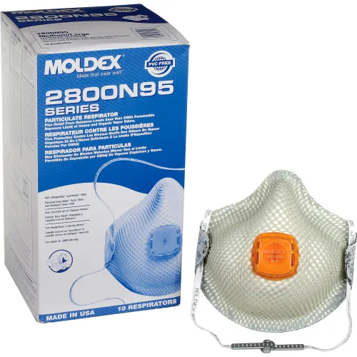 Moldex 2800N95 2800 Series N95 Particulate Respirator Mask, HandyStrap & Ventex Valve, M/L, 10/Box