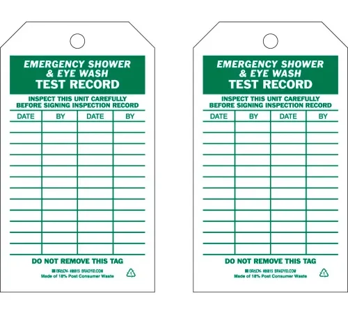 Brady® 86615 Emergency Shower & Eye Wash Test Record Tag, 2 Sided, 10/Pkg, Polyester, 4"W x 7"H