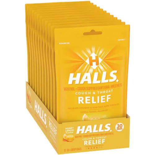 HALLS Triple Action Cough Drops, Honey-Lemon, 30/Bag