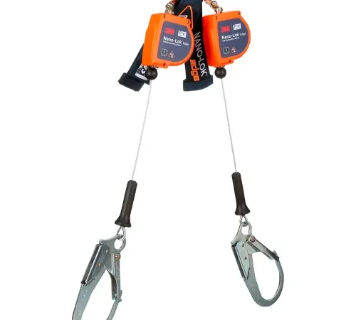 3M" DBI-SALA Nano-Lok Edge Twin-Leg Personal Self Retracting Lifeline, Steel Rebar Hook, 7'L