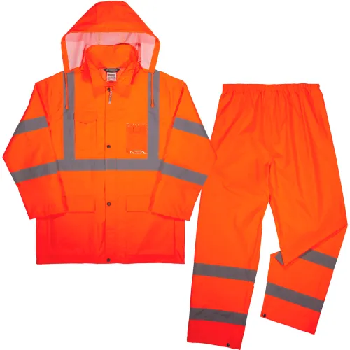 Ergodyne® GloWear® 8376K Lightweight Hi-Vis Rain Suit Kit, Polyester, Medium, Orange