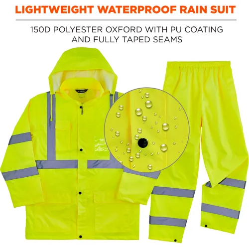 Ergodyne® GloWear® 8376K Lightweight Hi-Vis Rain Suit, Class 3, Polyester, L, Lime - Image 2