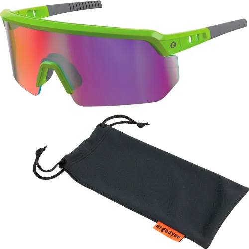 Ergodyne® Skullerz® AEGIR-MI Half Frame Safety Glasses, Purple Mirror Lens, Lime Frame