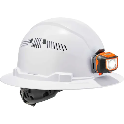 Ergodyne Skullerz® 8973LED Hard Hat, Full Brim, Vented, Ratchet Susp, LED Light, Class C, White