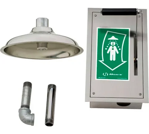 Haws®, 8164, Ceiling-Mounted Drench Shower Pull-Down Lever, Mounted In Recessed SS Cabinet