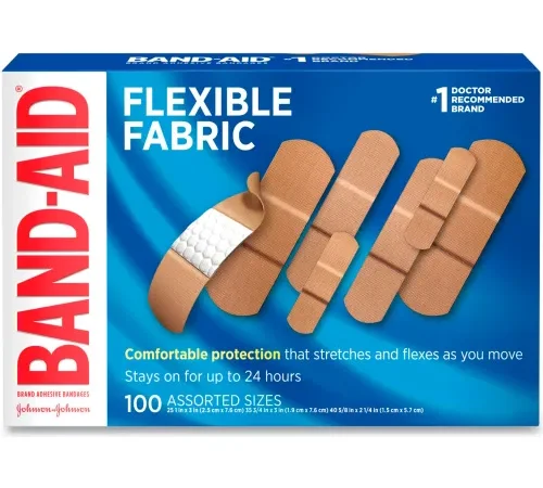 Band-Aid® Flexible Fabric Adhesive Bandages, Assorted Sizes, Beige, Pack of 100