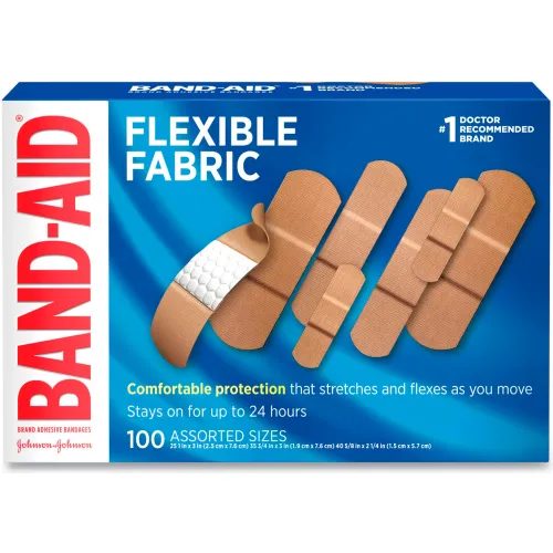 Band-Aid® Flexible Fabric Adhesive Bandages, Assorted Sizes, Beige, Pack of 100