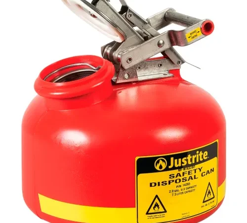 Justrite Disposal Drain Can For Liquid Disposal, Built-In Fill Gauge, Polyethylene, 2 Gal. Cap., Red