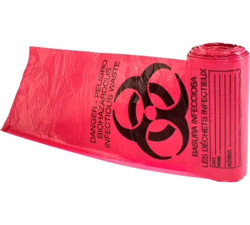 Justrite Biohazard Waste Can Liner Bag For Biohazard Waste Cans, Plastic, 15 Gal Cap, Red, Pk of 100