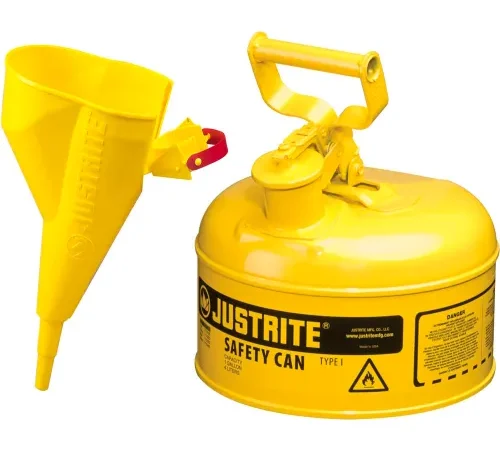 Justrite® Type I Steel Safety Can With Funnel, 1 Gallon (4L), Self-Close Lid, Yellow, 7110210