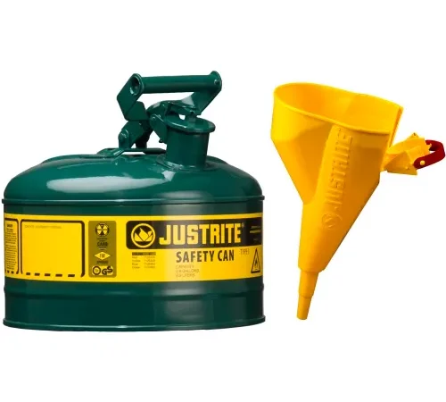 Justrite® Type I Steel Safety Can With Funnel, 1 Gallon (4L), Self-Close Lid, Green, 7110410