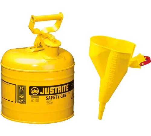 Justrite® Type I Steel Safety Can With Funnel, 2 Gallon (7.5L), Self-Close Lid, Yellow, 7120210