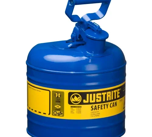 Justrite® Type I Steel Safety Can, 2 Gallon (7.5L), Self-Close Lid, Blue, 7120300