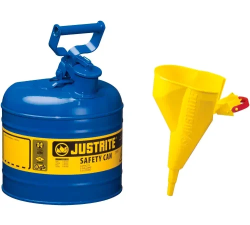 Justrite® Type I Steel Safety Can With Funnel, 2 Gallon (7.5L), Self-Close Lid, Blue, 7120310