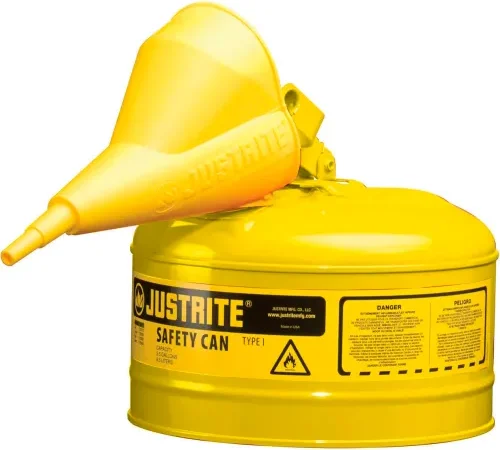 Justrite® Type I Steel Safety Can With Funnel, 2.5 Gal. (9.5L), Self-Close Lid, Yellow, 7125210