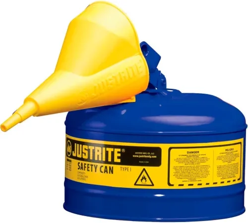 Justrite® Type I Steel Blue Safety Can With Funnel And Self-Close Lid, 2.5 Gal. (9.5L)