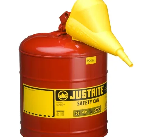 Justrite® Type I Steel Safety Can With Funnel, 5 Gallon (19L), Self-Close Lid, Red, 7150110