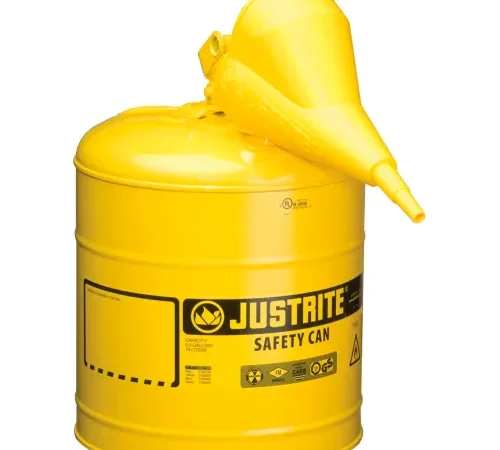 Justrite® Type I Steel Safety Can With Funnel, 5 Gallon (19L), Self-Close Lid, Yellow, 7150210