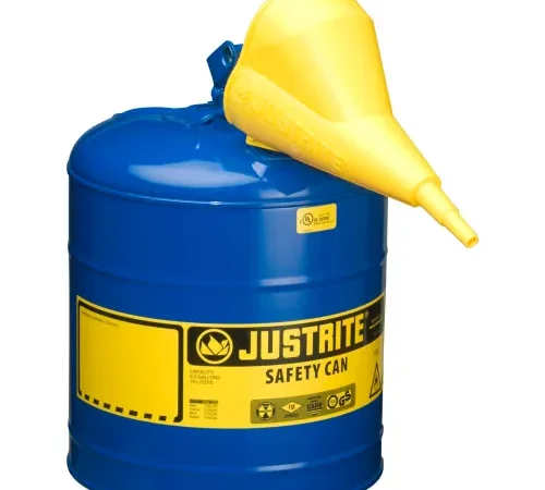 Justrite® Type I Steel Safety Can With Funnel, 5 Gallon (19L), Self-Close Lid, Blue, 7150310