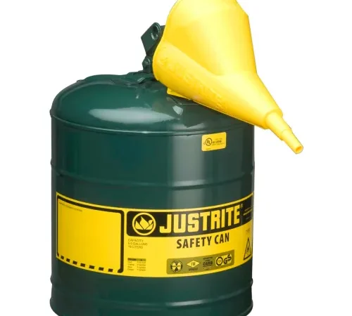Justrite® Type I Steel Safety Can With Funnel, 5 Gallon (19L), Self-Close Lid, Green, 7150410