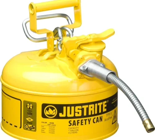 Justrite® Type II AccuFlow™ Steel Safety Can, 1 Gal., 5/8" Metal Hose, Yellow, 7210220