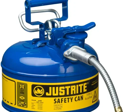 Justrite® Type II AccuFlow™ Steel Safety Can, 1 Gal., 5/8" Metal Hose, Blue, 7210320