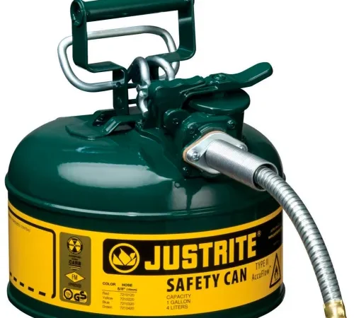 Justrite® Type II AccuFlow™ Steel Safety Can, 1 Gal., 5/8" Metal Hose, Green, 7210420