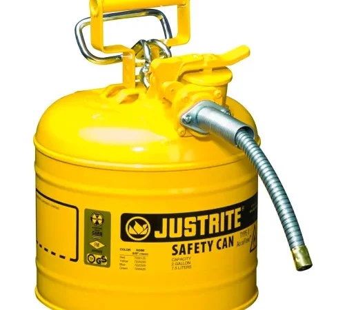 Justrite® Type II AccuFlow™ Steel Safety Can, 2 Gal., 5/8" Metal Hose, Yellow, 7220220