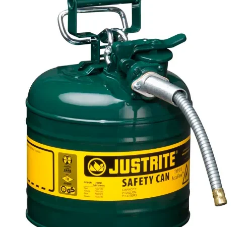 Justrite® Type II AccuFlow™ Safety Can - 2 Gallon with 5/8" Flexible Hose, Green, 7220420