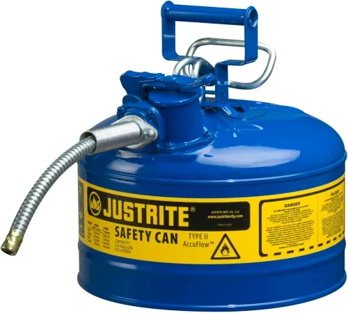Justrite® Type II AccuFlow™ Steel Safety Can, 2.5 Gal., 5/8" Metal Hose, Blue, 7225320