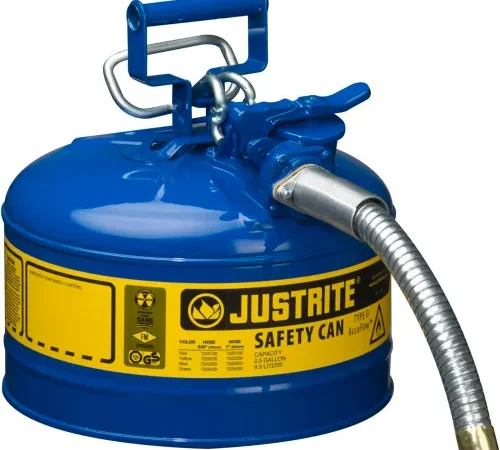 Justrite® Type II AccuFlow™ Steel Safety Can, 2.5 Gal., 1" Metal Hose, Blue, 7225330