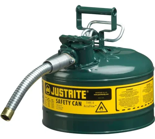 Justrite® Type II AccuFlow™ Steel Safety Can, 2.5 Gal., 1" Metal Hose, Green, 7225430