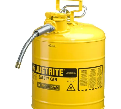 Justrite® Type II AccuFlow™ Steel Safety Can, 5 Gal., 5/8" Metal Hose, Yellow, 7250220