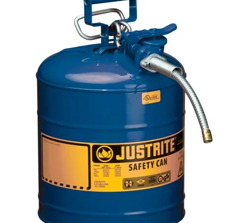 Justrite® Type II AccuFlow™ Steel Safety Can, 5 Gal., 5/8" Metal Hose, Blue, 7250320
