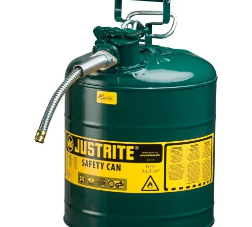 Justrite® Type II AccuFlow™ Steel Safety Can, 5 Gal., 5/8" Metal Hose, Green, 7250420