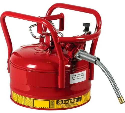 Justrite Accuflow DOT Transport Safety Can For Flammable Liquids, 5/8" Metal Hose, 2.5 Gal. Cap, Red