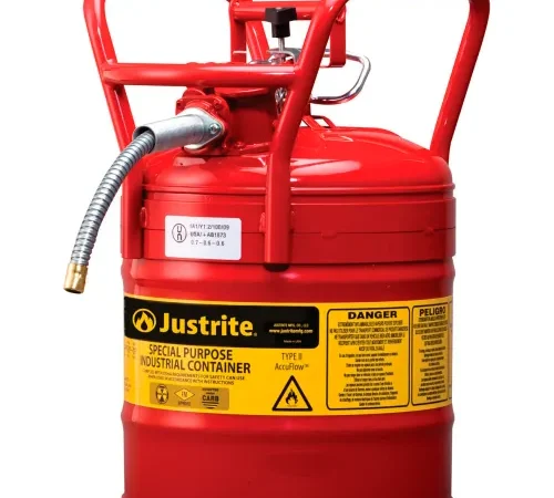 Justrite Accuflow DOT Transport Safety Can For Flammable Liquids, 5/8" Metal Hose, 5 Gal. Cap., Red