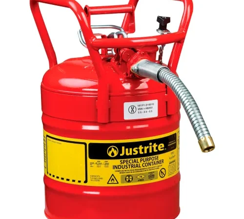 Justrite Accuflow DOT Transport Safety Can For Flammable Liquids, 1" Metal Hose, 5 Gal. Cap., Red
