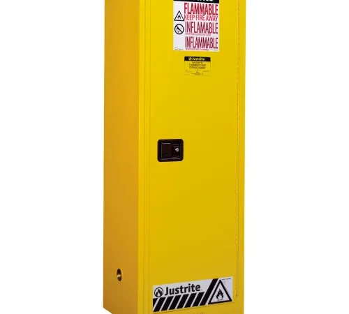 Justrite Flammable Cabinet, Manual Close Single Door, 22 Gal. Cap., 23-1/4"W x 18"D x 65"H, Yellow
